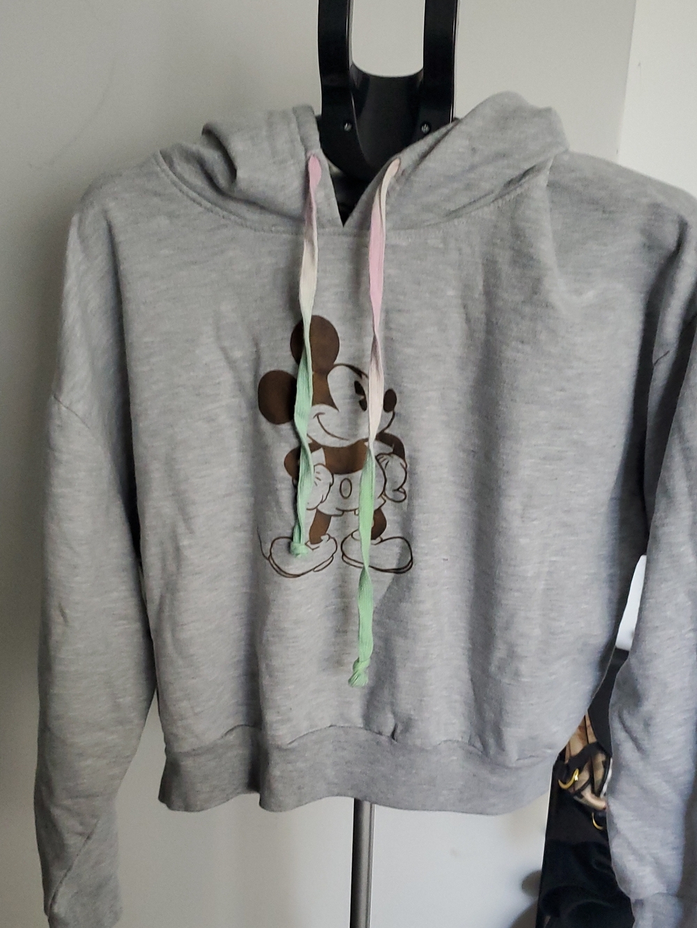 Disney Gray Mickey Graphic Hoodie Sweater with Pastel Drawstrings